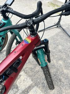 Salsa mountain bike showing handle bars, fork and ONtrail sticker